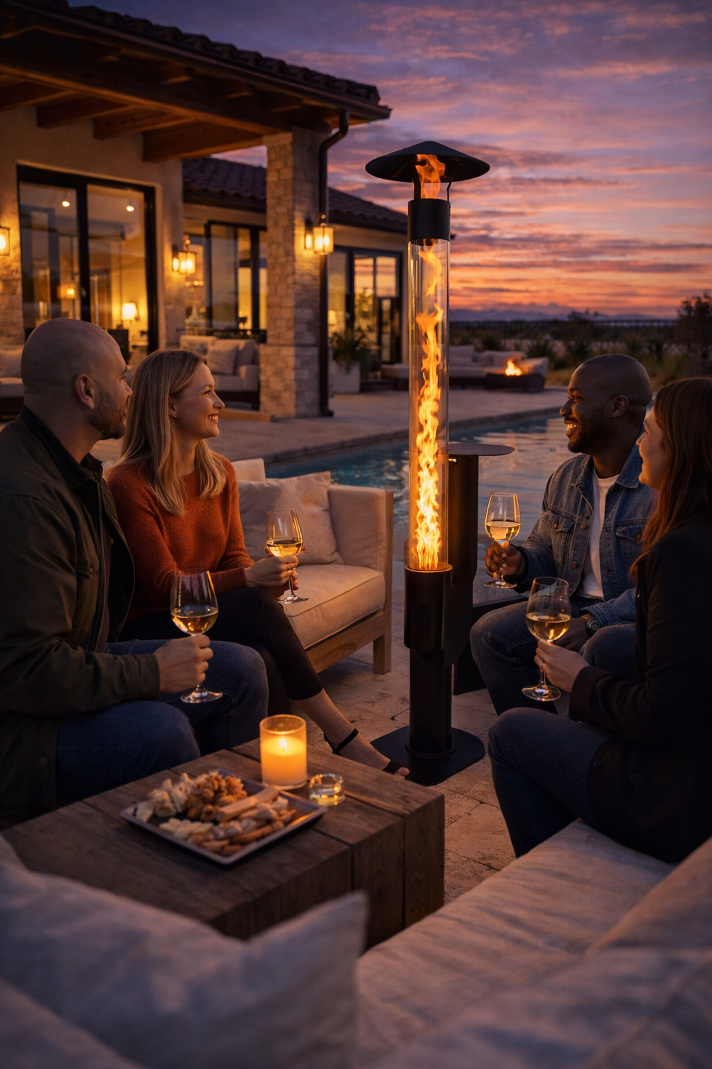 Flamesa Lumina – Design-Pelletheizer Terrassenheizer für den Außenbereich mit Tisch