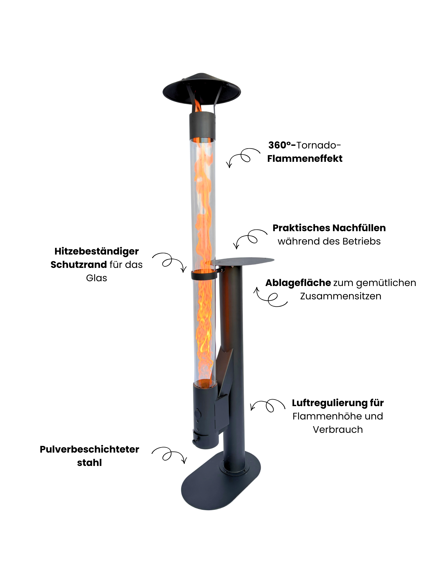 Flamesa® Lumina – Design-Pelletofen & Terrassenheizer mit Tisch für den Außenbereich