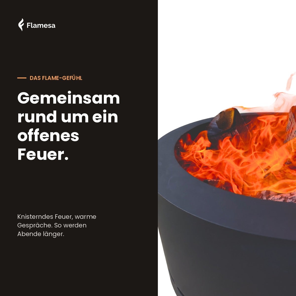 Nahaufnahme des offenen Holzfeuers im Flamesa Flame Feuerkorb