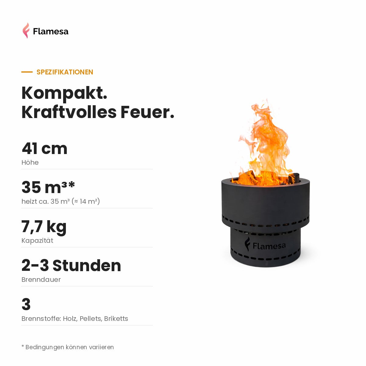 Flamesa Flame mit Angaben zu Höhe, Fassungsvermögen und Brenndauer