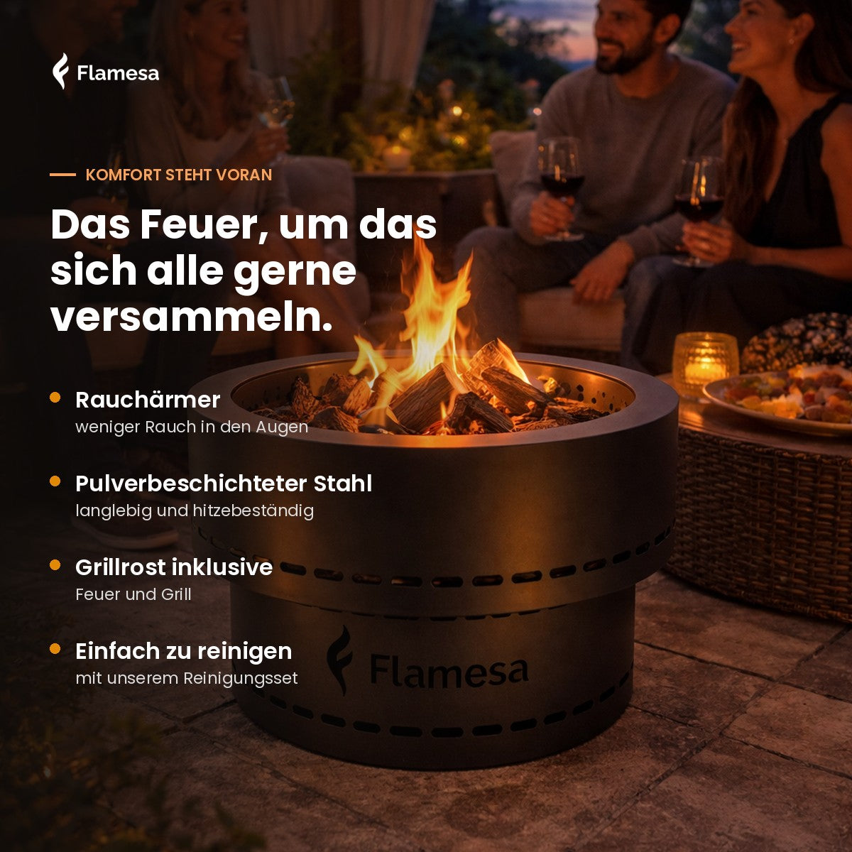 Flamesa Flame mit Flammen als Mittelpunkt einer gemütlichen Terrasse