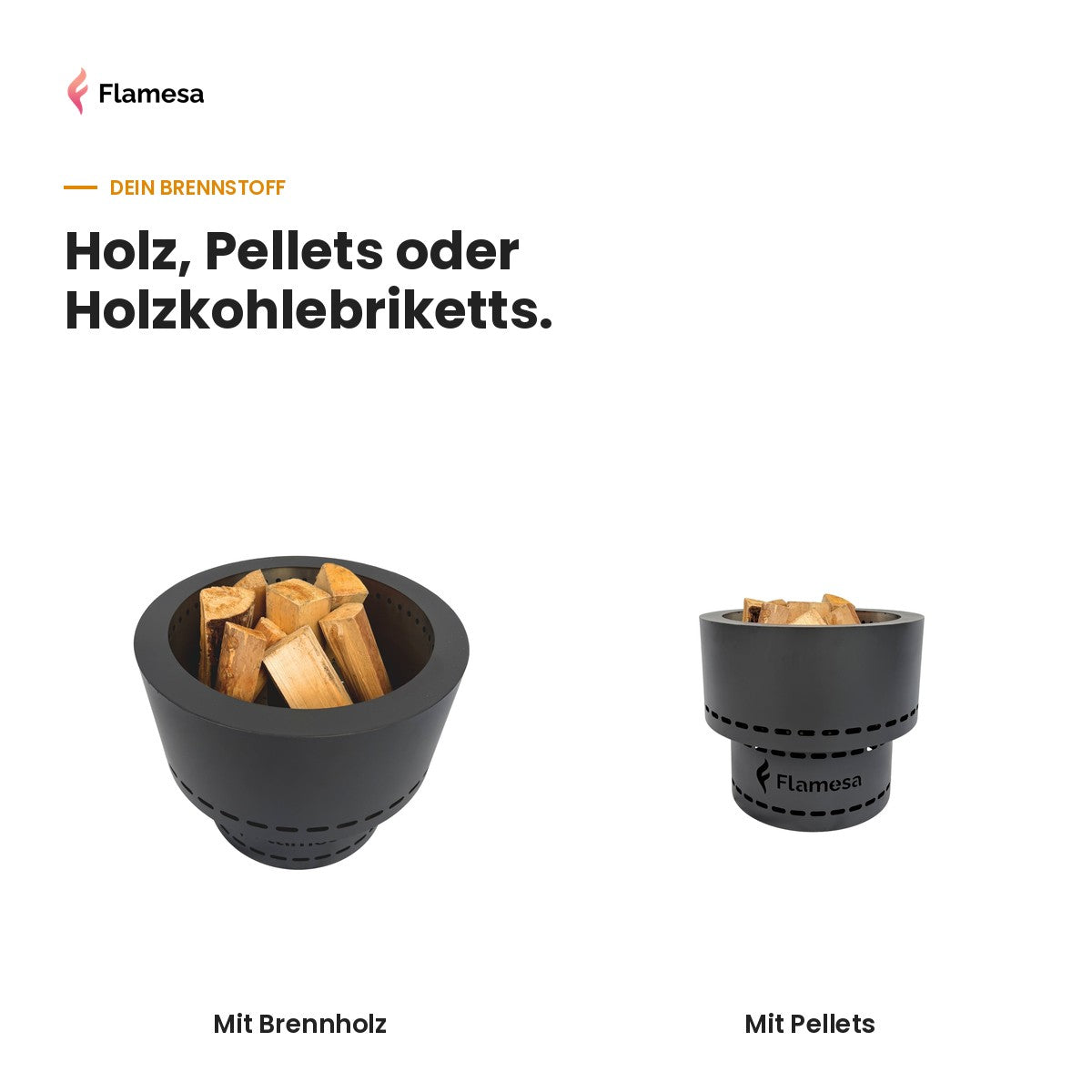Flamesa Flame mit Holzscheiten und Holzpellets als Brennstoffe